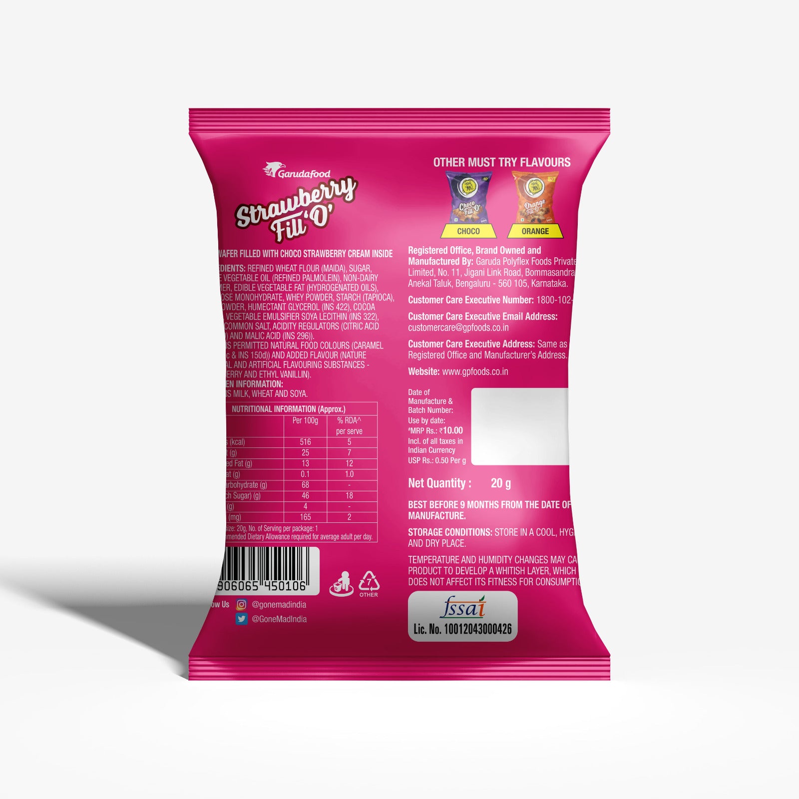 Gone Mad Strawberry Fillo, Pack of 12 (209g) – Crispy & Creamy Chocolate Filled Snack